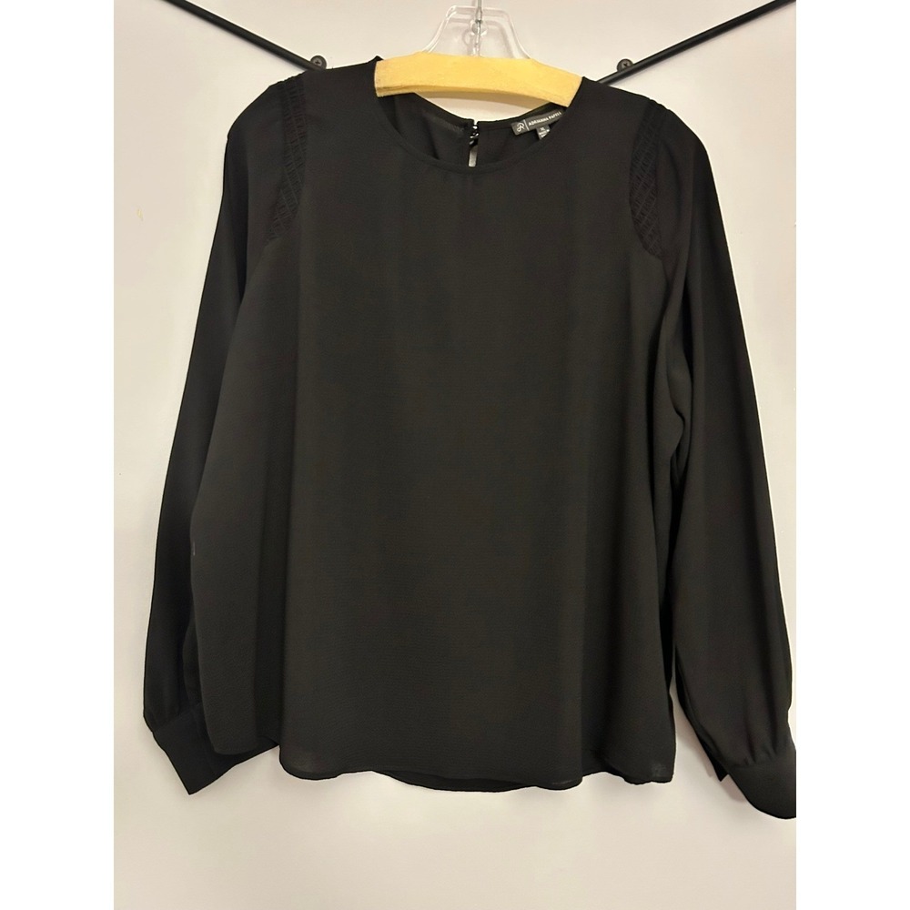 Adrianna Papell Black Long Sleeve Smocked Shoulder Crepe Blouse XL